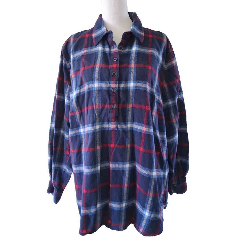 Coldwater Creek Popover Flannel Shirt XL Blue Red Plaid Cotton Long Sleeve